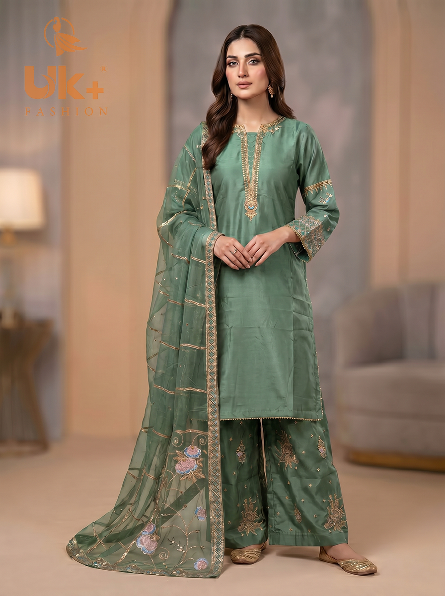 3Pc Embroided kataan Silk Shirt, Plazo, Dupatta