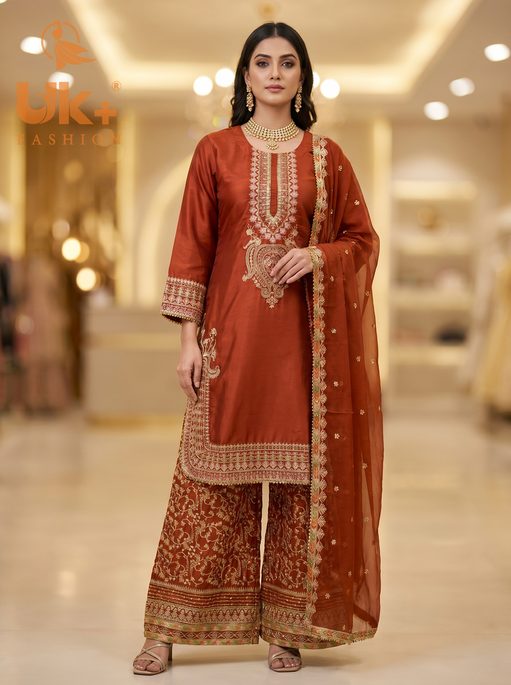 3Pc Embroidered Silk shirt, Plazo & Dupatta