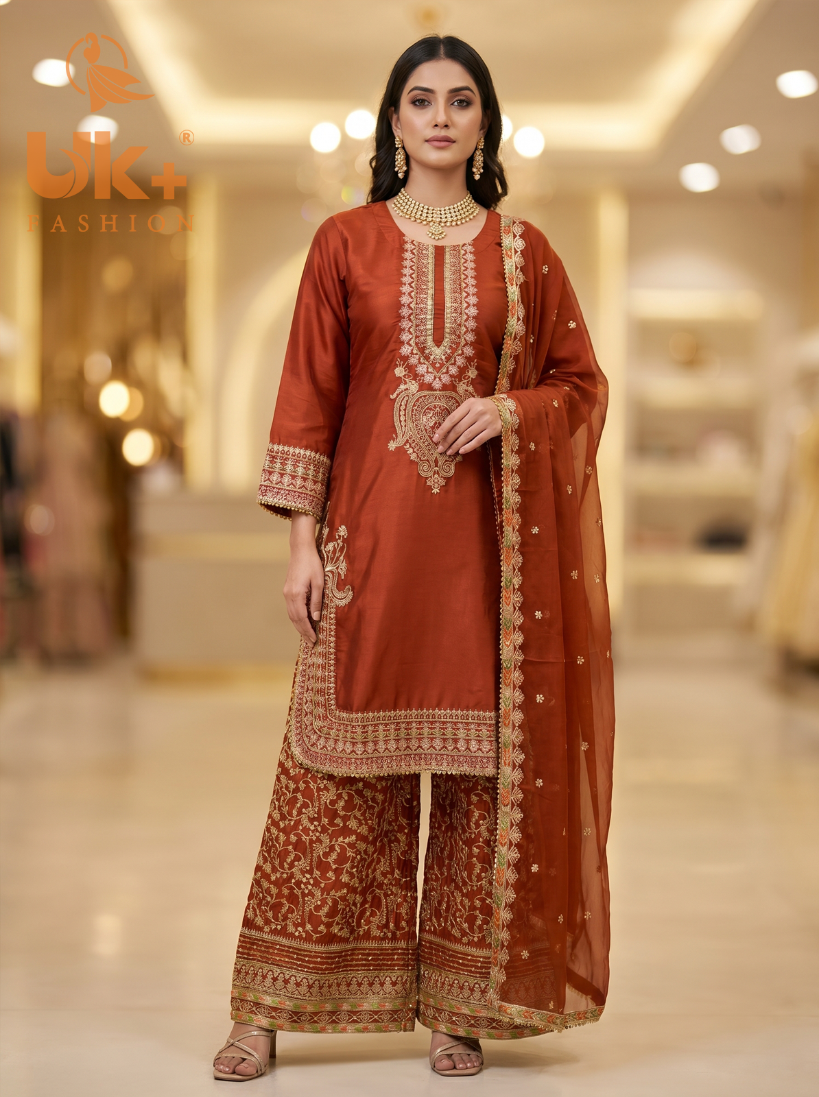 3Pc Embroidered Silk shirt, Plazo & Dupatta