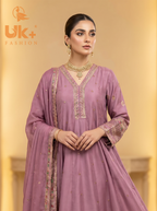 3Pc Embroidered Silk Frock, Shirt, Dupatta