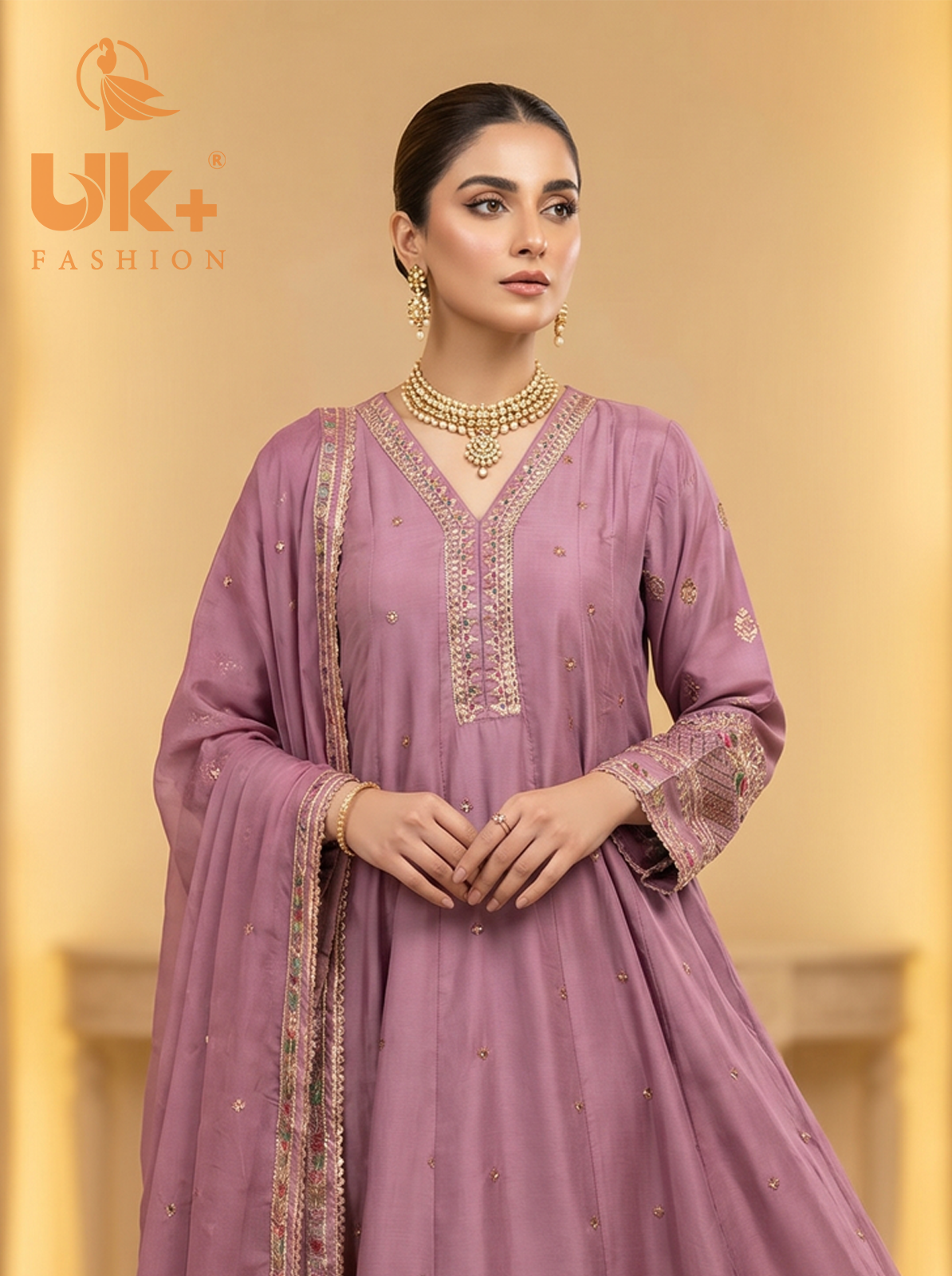 3Pc Embroidered Silk Frock, Shirt, Dupatta