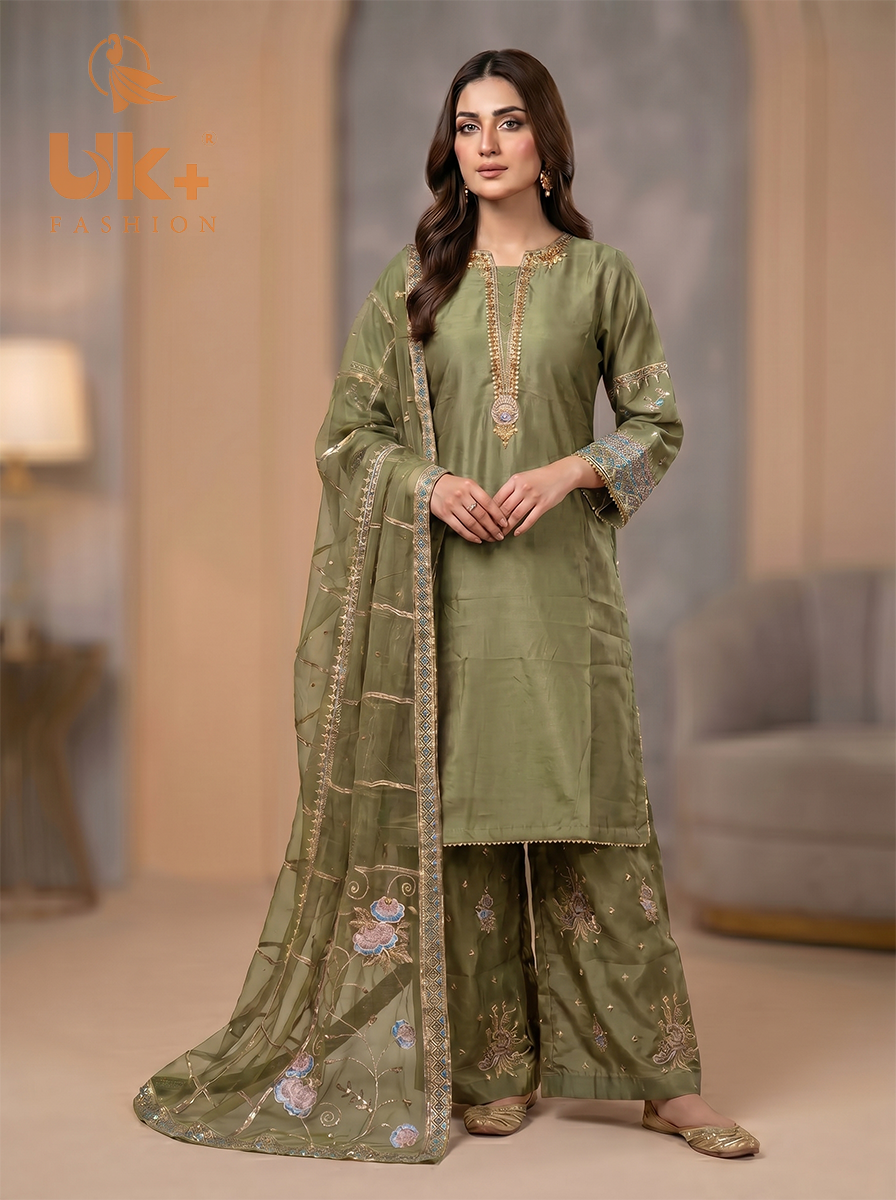 3Pc Embroided kataan Silk Shirt, Plazo, Dupatta