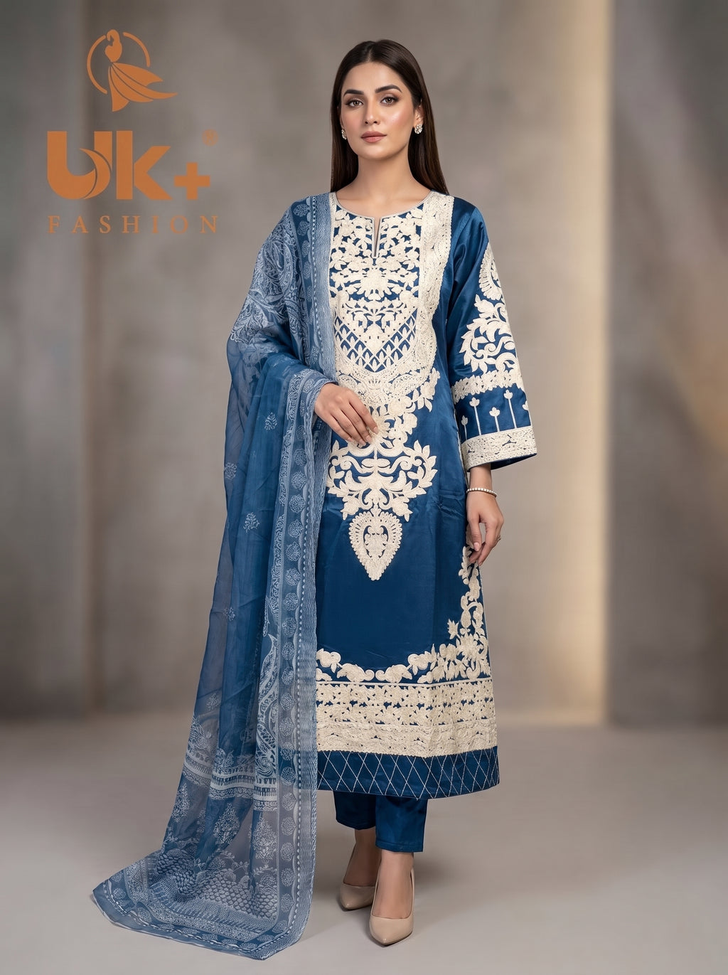 3Pc Embroidered Kattan Silk Long Shirt, Shalwar, Dupatta