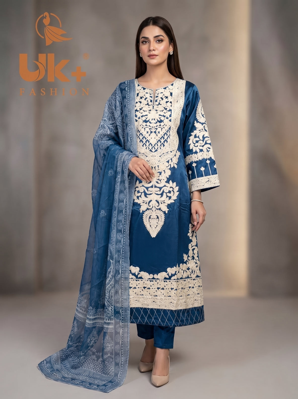 3Pc Embroidered Kattan Silk Long Shirt, Shalwar, Dupatta