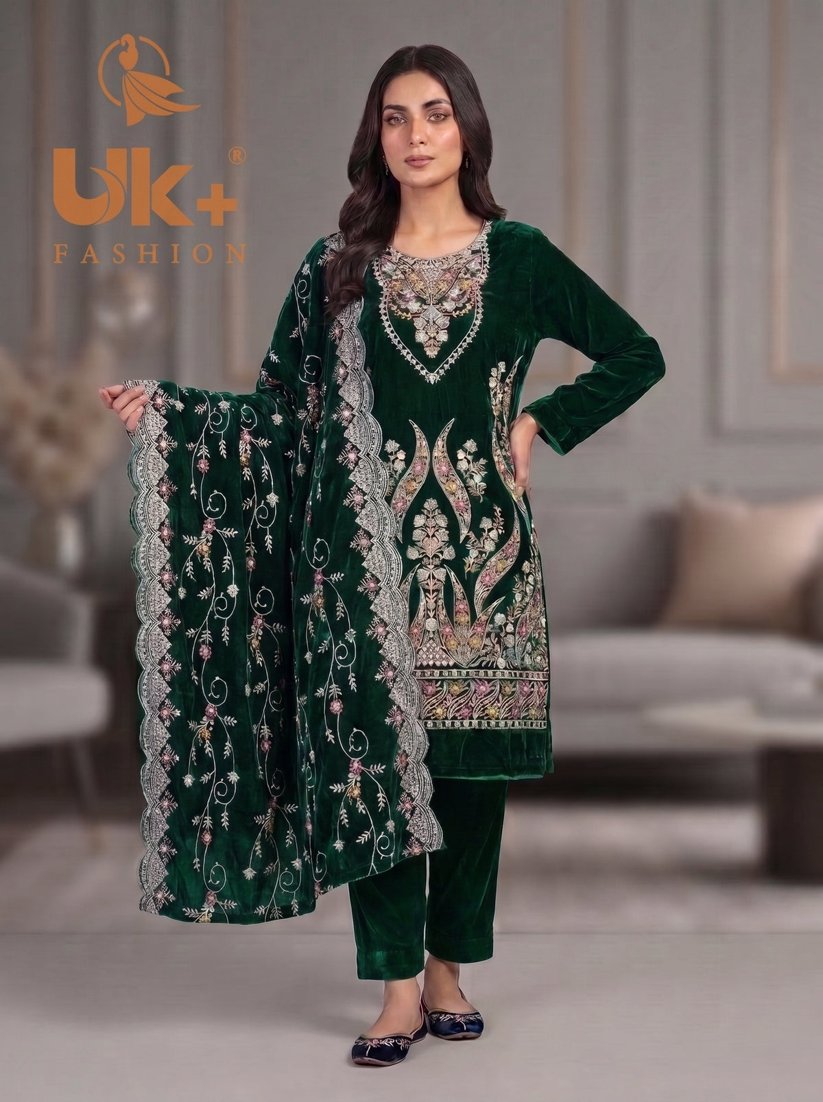 3Pc Velvet Un-Stitch, shirt, shalwar & Dupatta