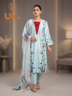 3Pc Embroided Shamoz Silk Long Shirt, Shalwar, Dupatta