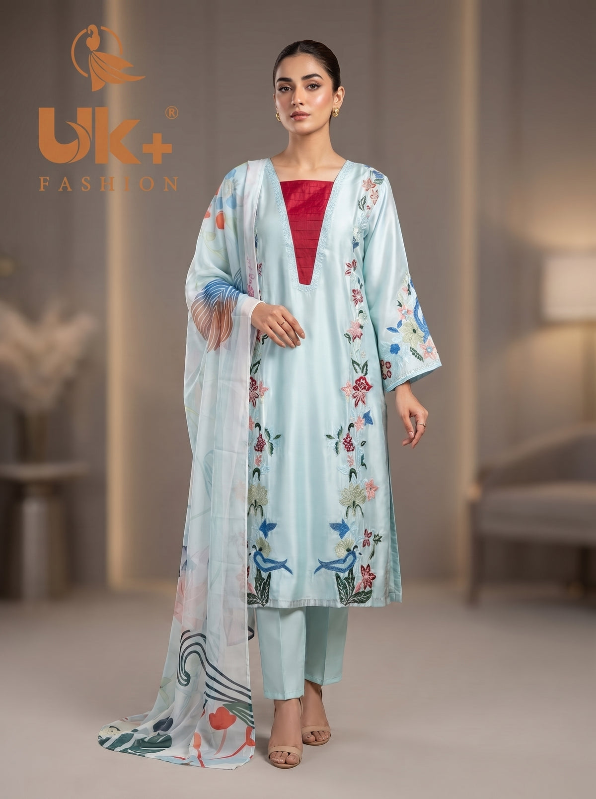 3Pc Embroided Shamoz Silk Long Shirt, Shalwar, Dupatta
