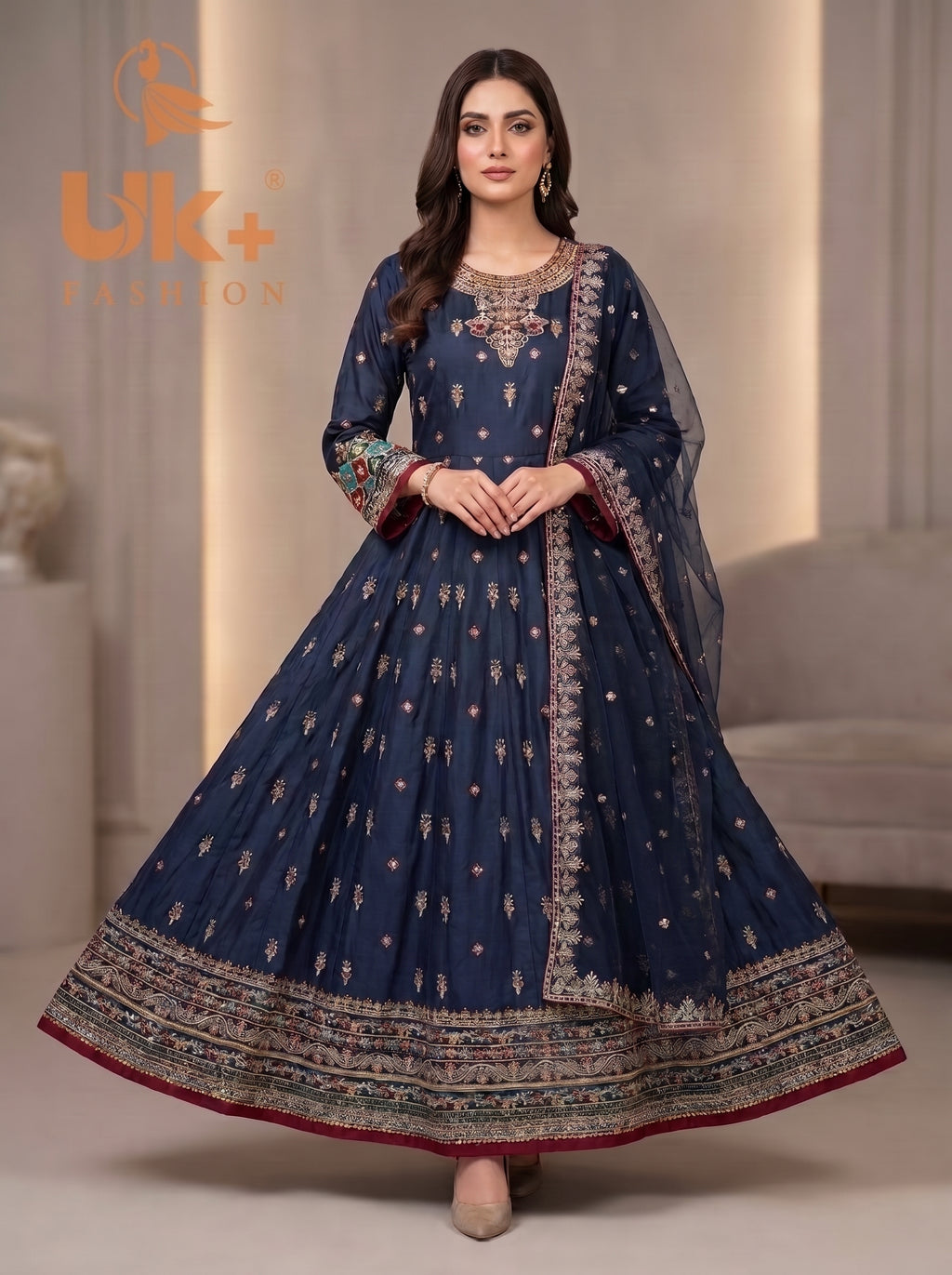 3Pc Embroidered silk Afghani frock , shalwar & Dupatta