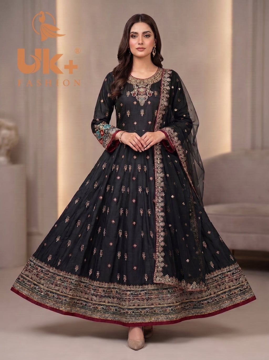 3Pc Embroidered silk Afghani frock , shalwar & Dupatta