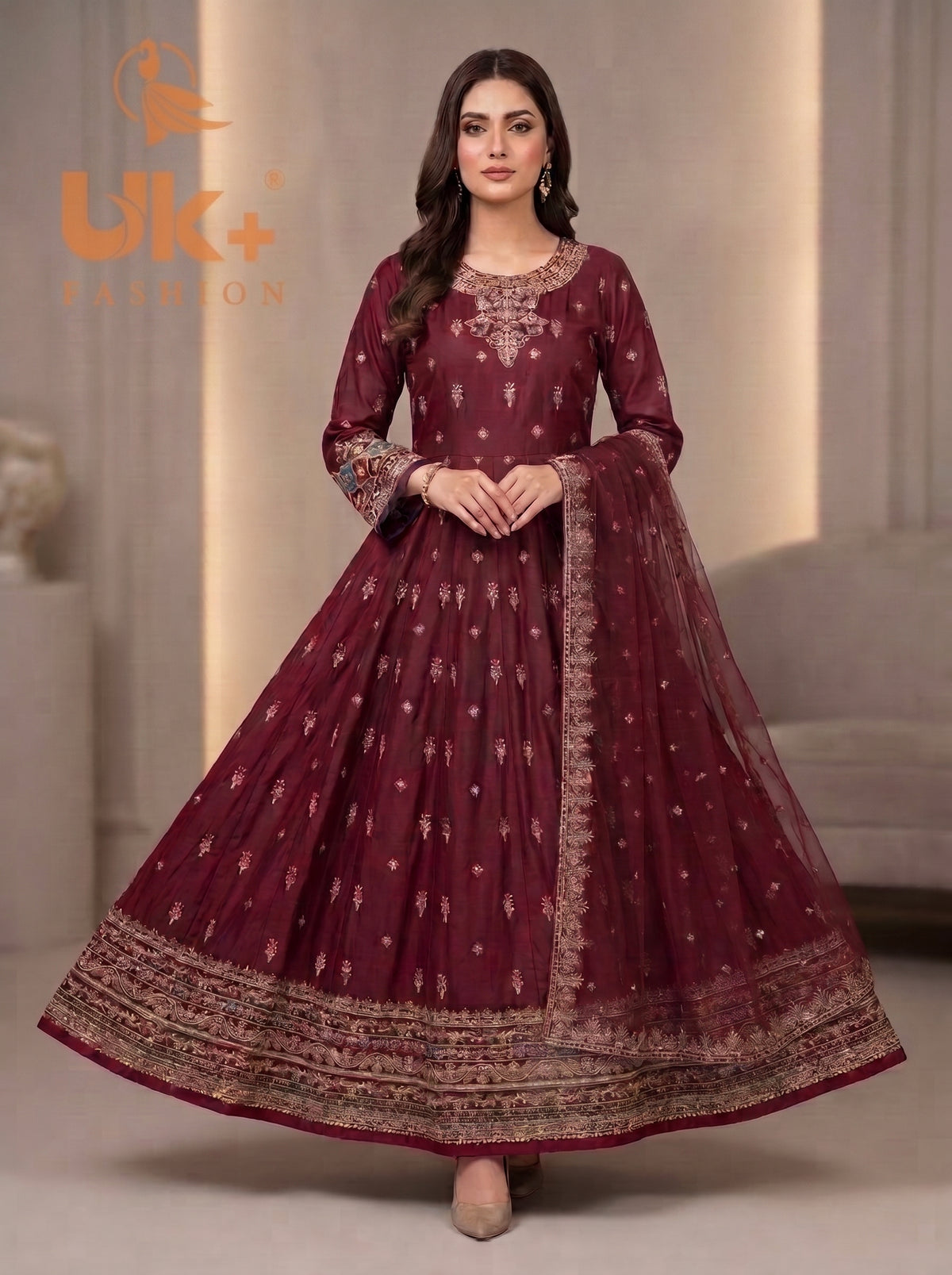 3Pc Embroidered silk Afghani frock , shalwar & Dupatta