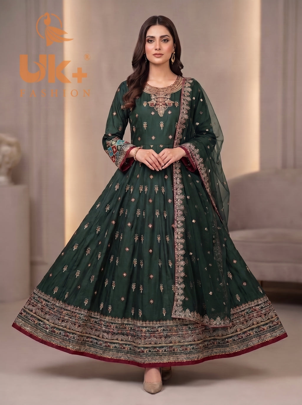 3Pc Embroidered silk Afghani frock , shalwar & Dupatta