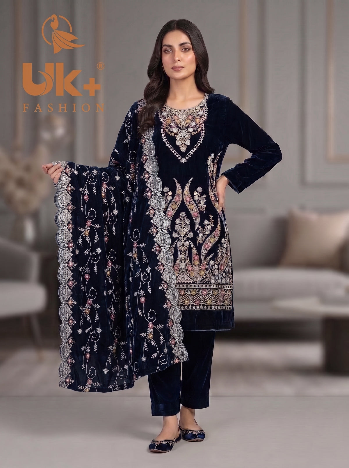 3Pc Velvet Un-Stitch, shirt, shalwar & Dupatta