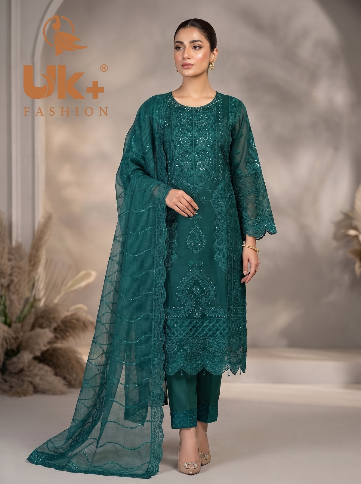 3Pc Embroidered Organza shirt, shalwar & Dupatta