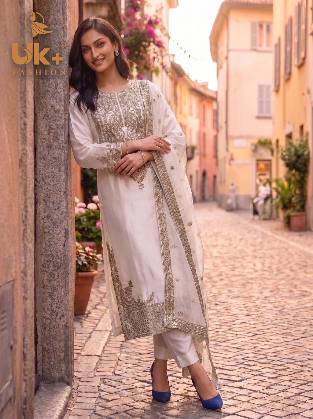 3Pc Embroided Shamoz Silk Shirt, Shalwar, Dupatta