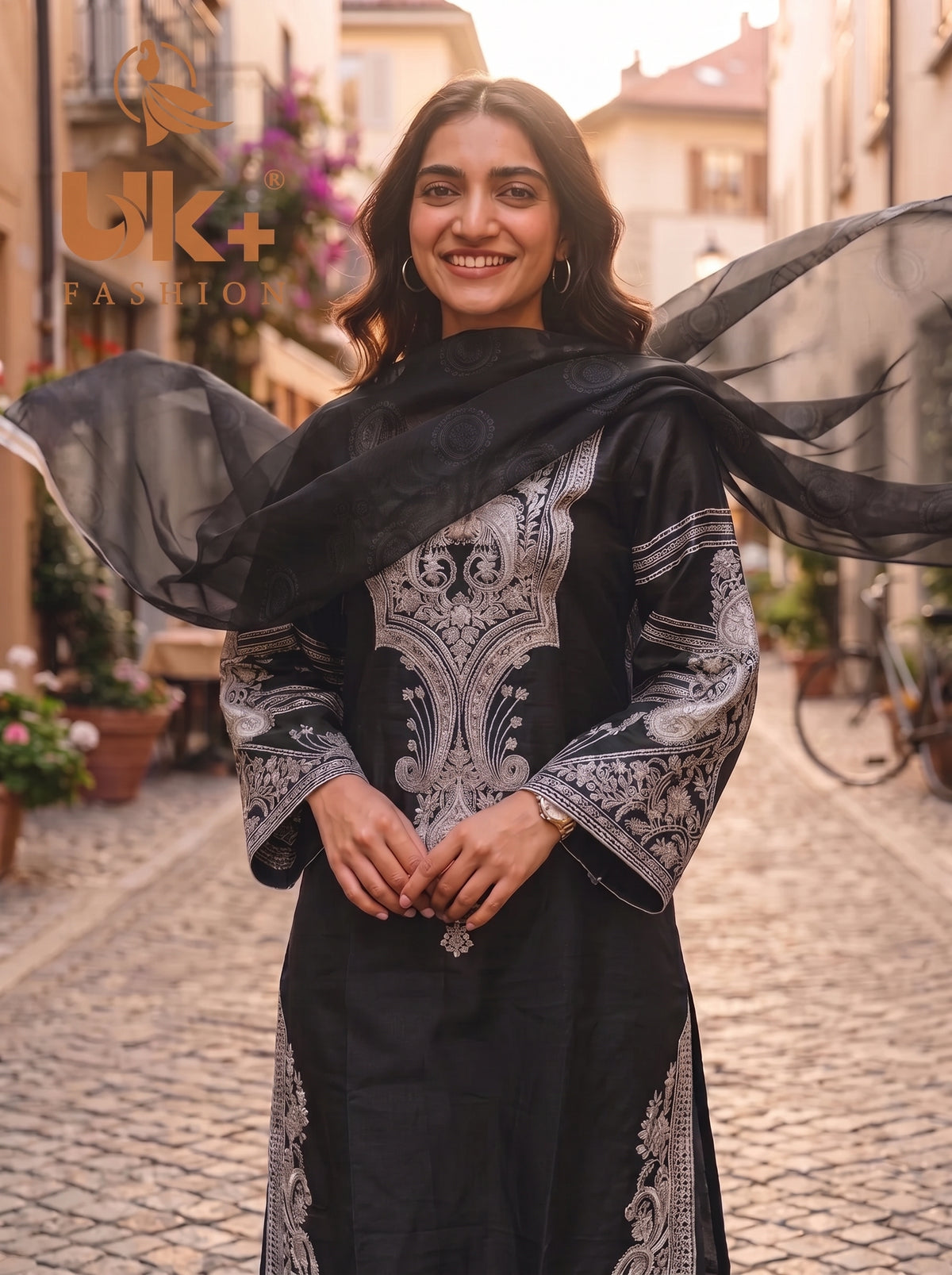 3Pc Embroided Shamoz Silk Shirt, Shalwar, Dupatta
