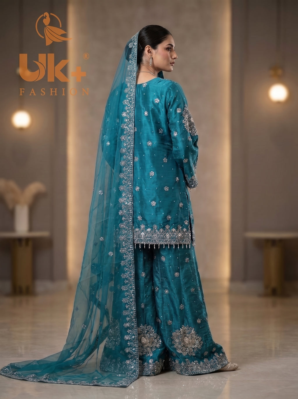3Pc Embroided Sheesha Silk Shirt, Plazo, Dupatta