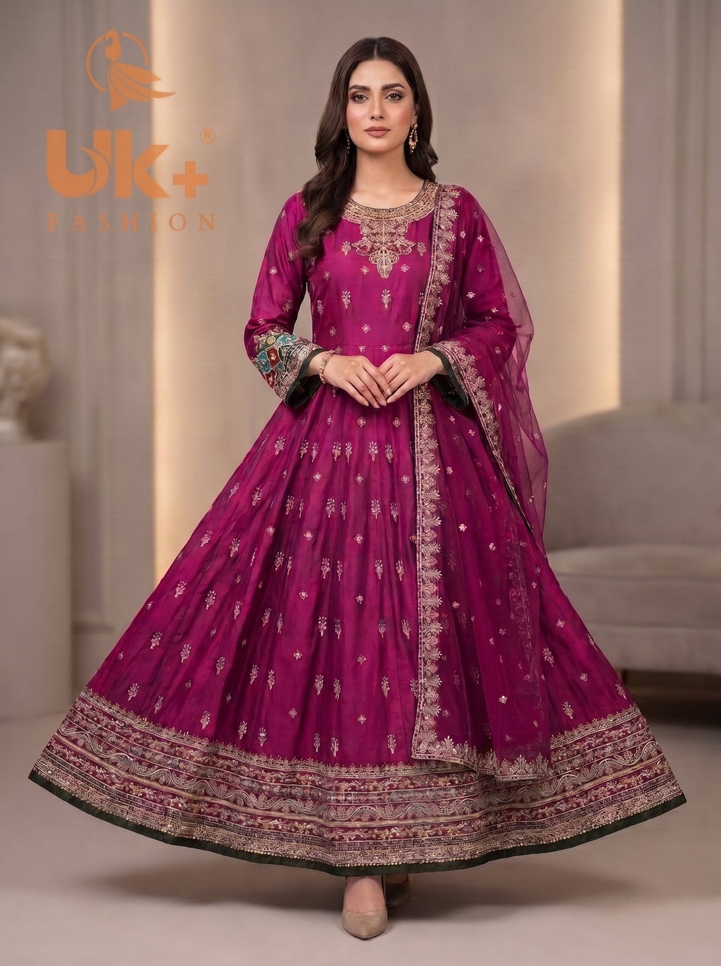 3Pc Embroidered silk Afghani frock , shalwar & Dupatta