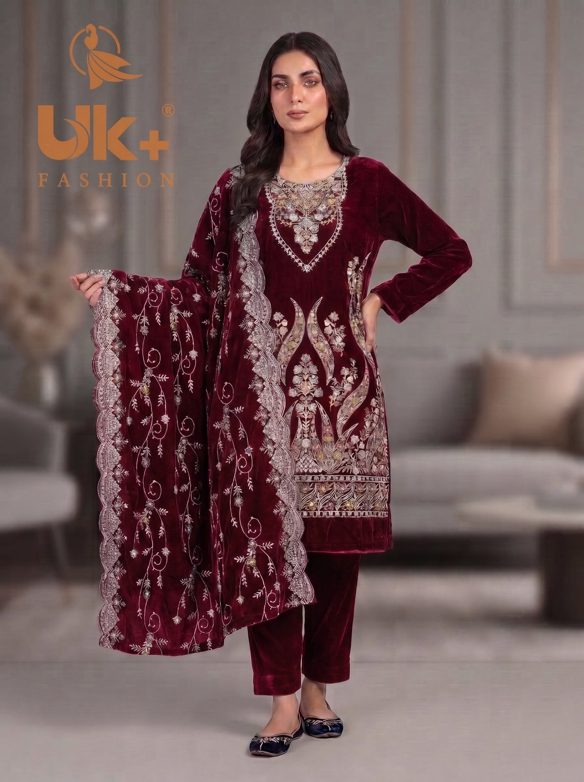 3Pc Velvet Un-Stitch, shirt, shalwar & Dupatta