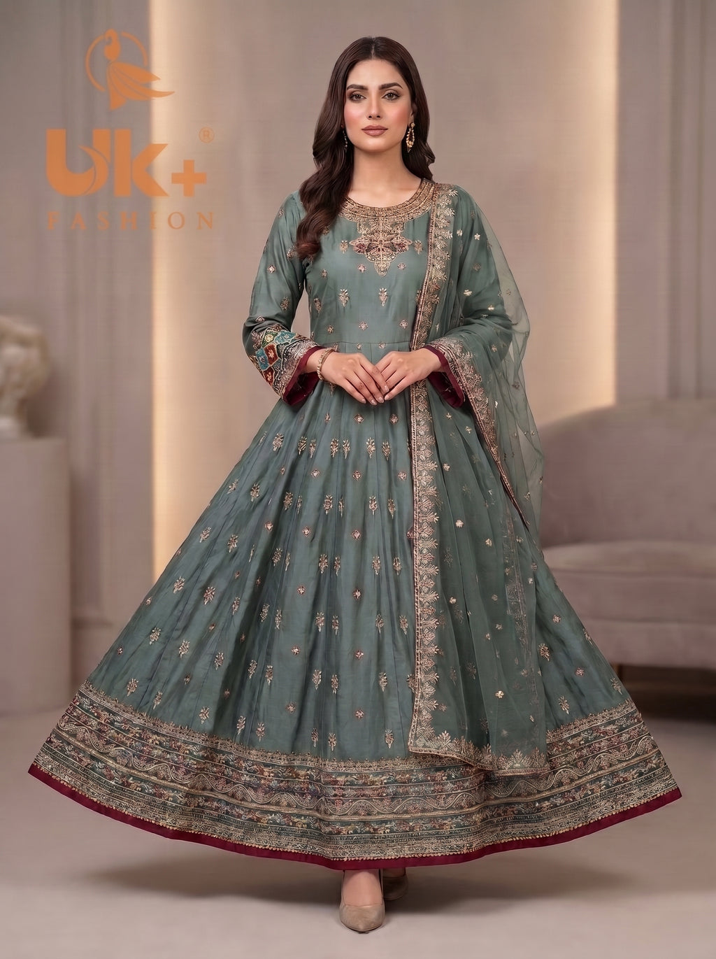 3Pc Embroidered silk Afghani frock , shalwar & Dupatta