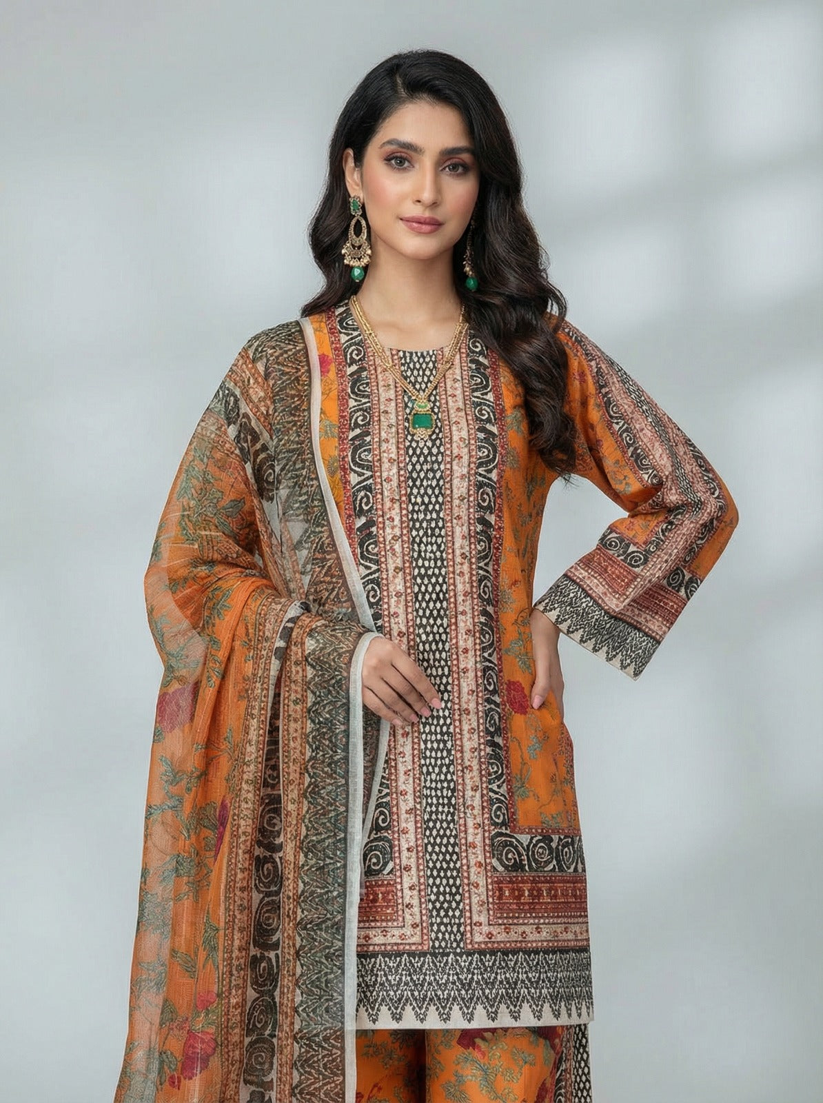 3PC Printed Bona Dora Silk ,Shirt Plazo Dupatta