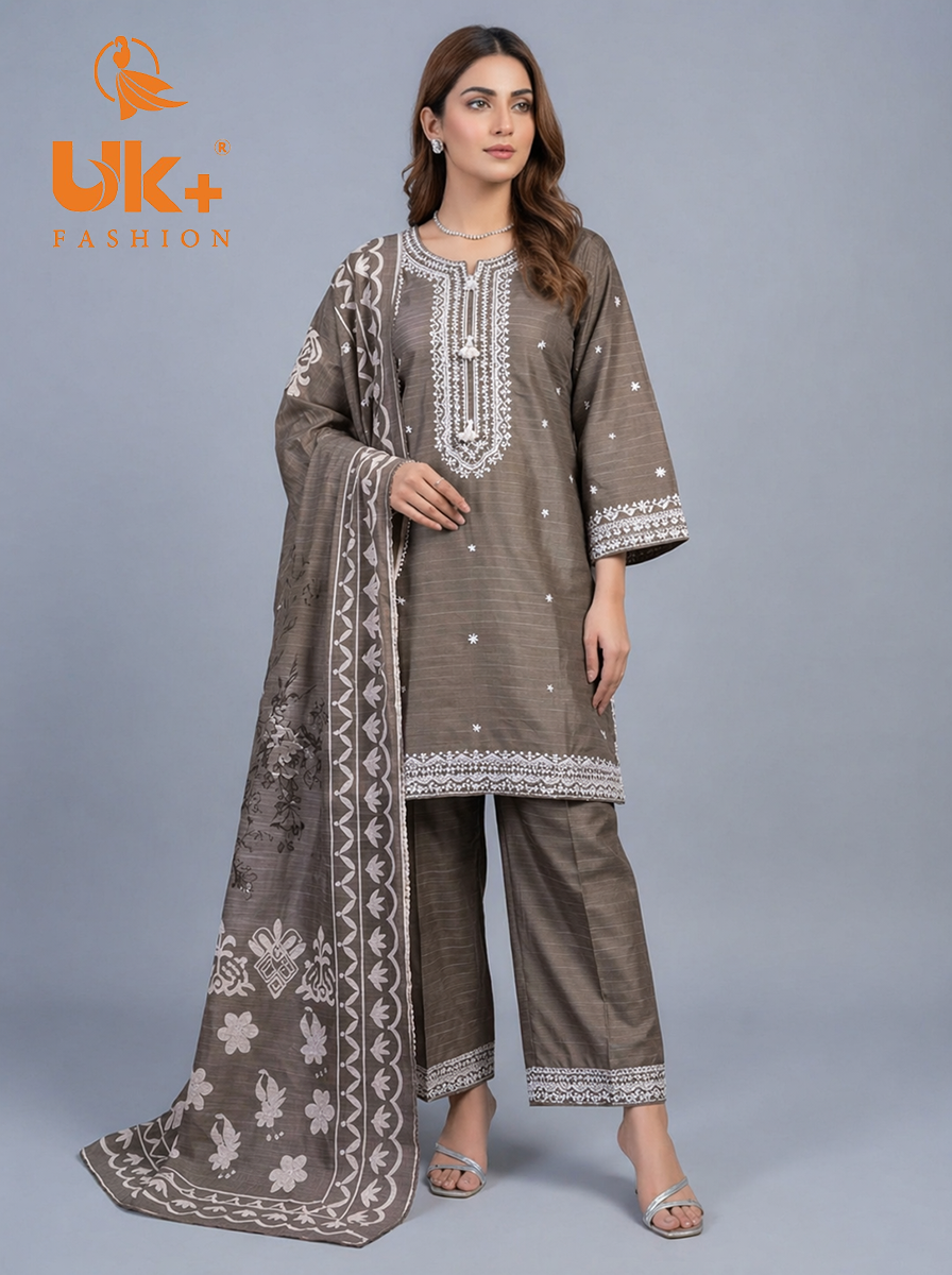 3Pc Embroidered Cotton Shirt, farshi shalwar, Dupatta