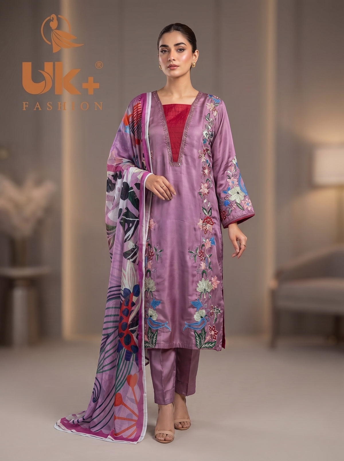 3Pc Embroided Shamoz Silk Long Shirt, Shalwar, Dupatta
