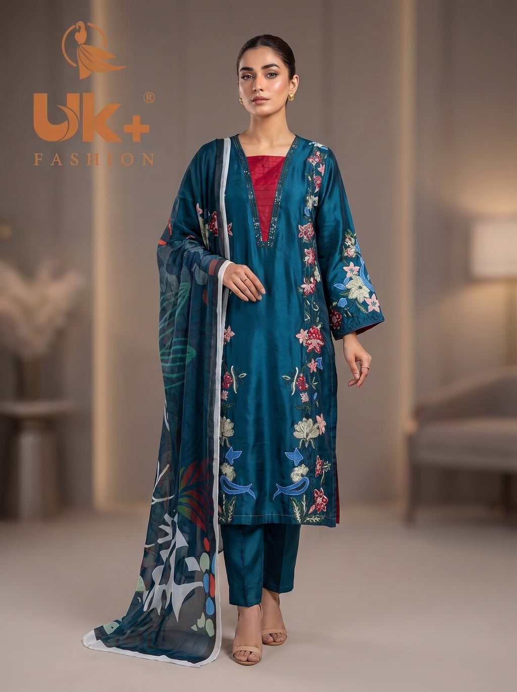 3Pc Embroided Shamoz Silk Long Shirt, Shalwar, Dupatta