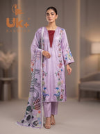 3Pc Embroided Shamoz Silk Long Shirt, Shalwar, Dupatta