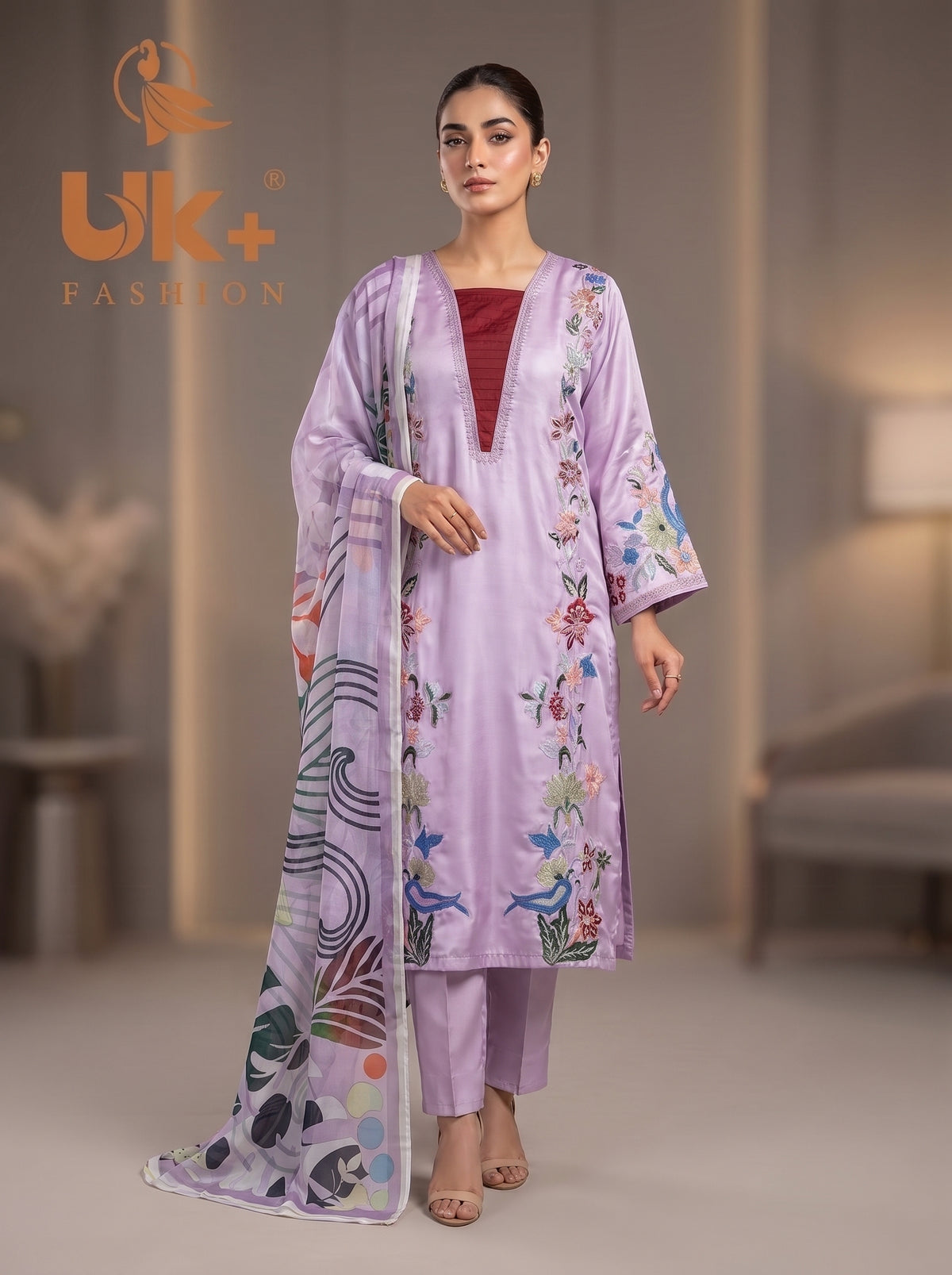 3Pc Embroided Shamoz Silk Long Shirt, Shalwar, Dupatta