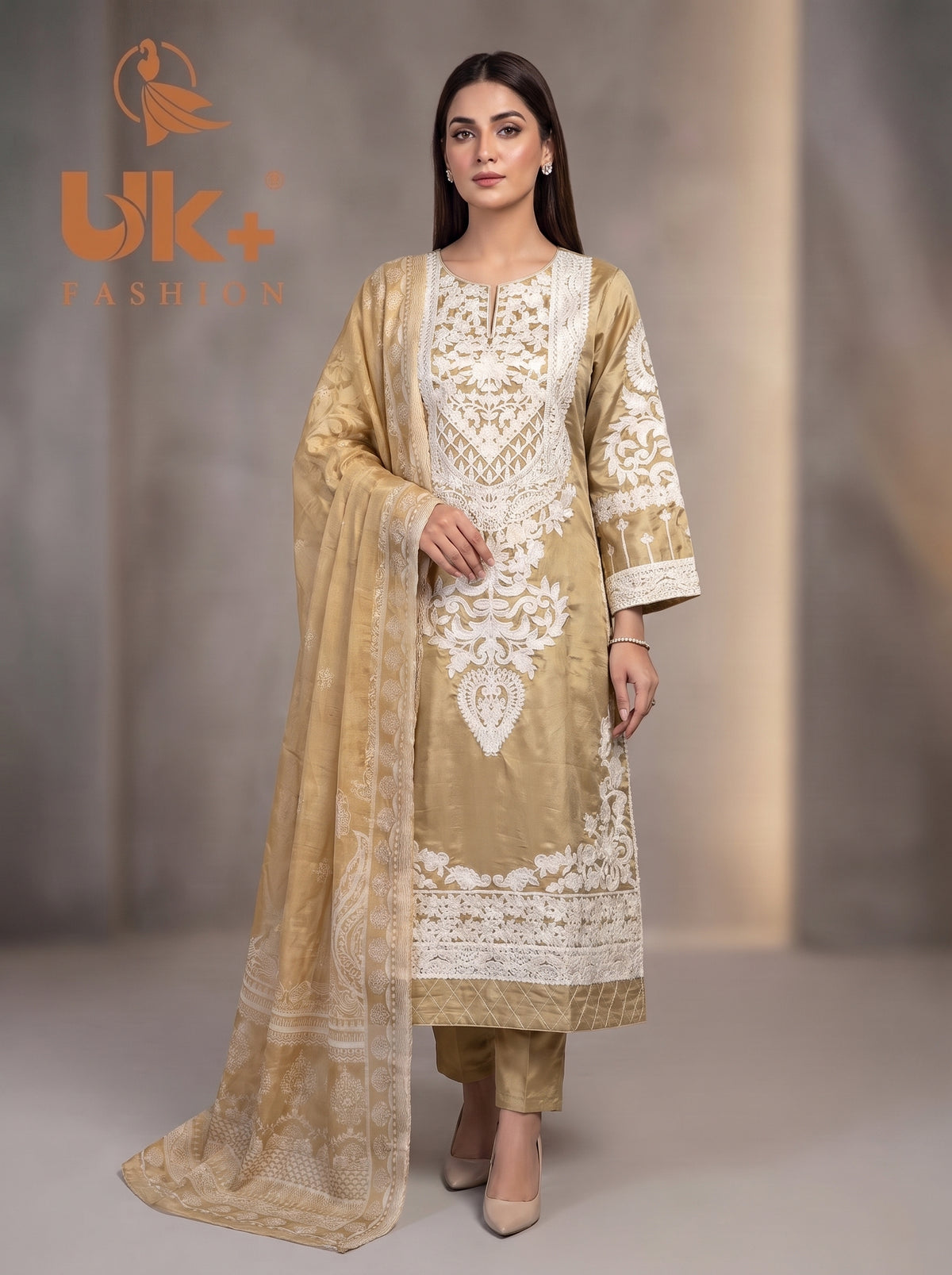 3Pc Embroidered Kattan Silk Long Shirt, Shalwar, Dupatta