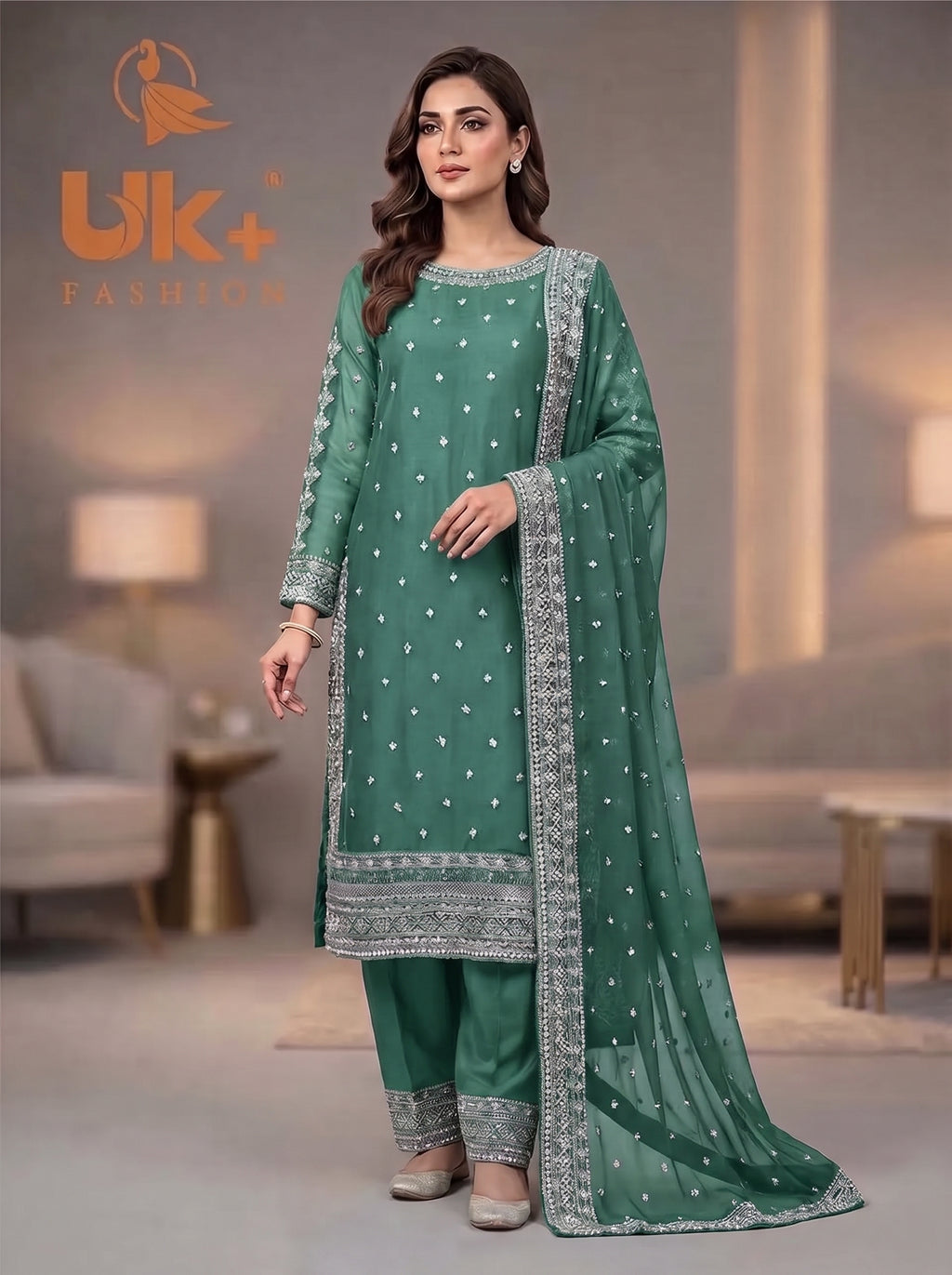 3Pc Embroided Chiffon Shirt, Trouser, Dupatta