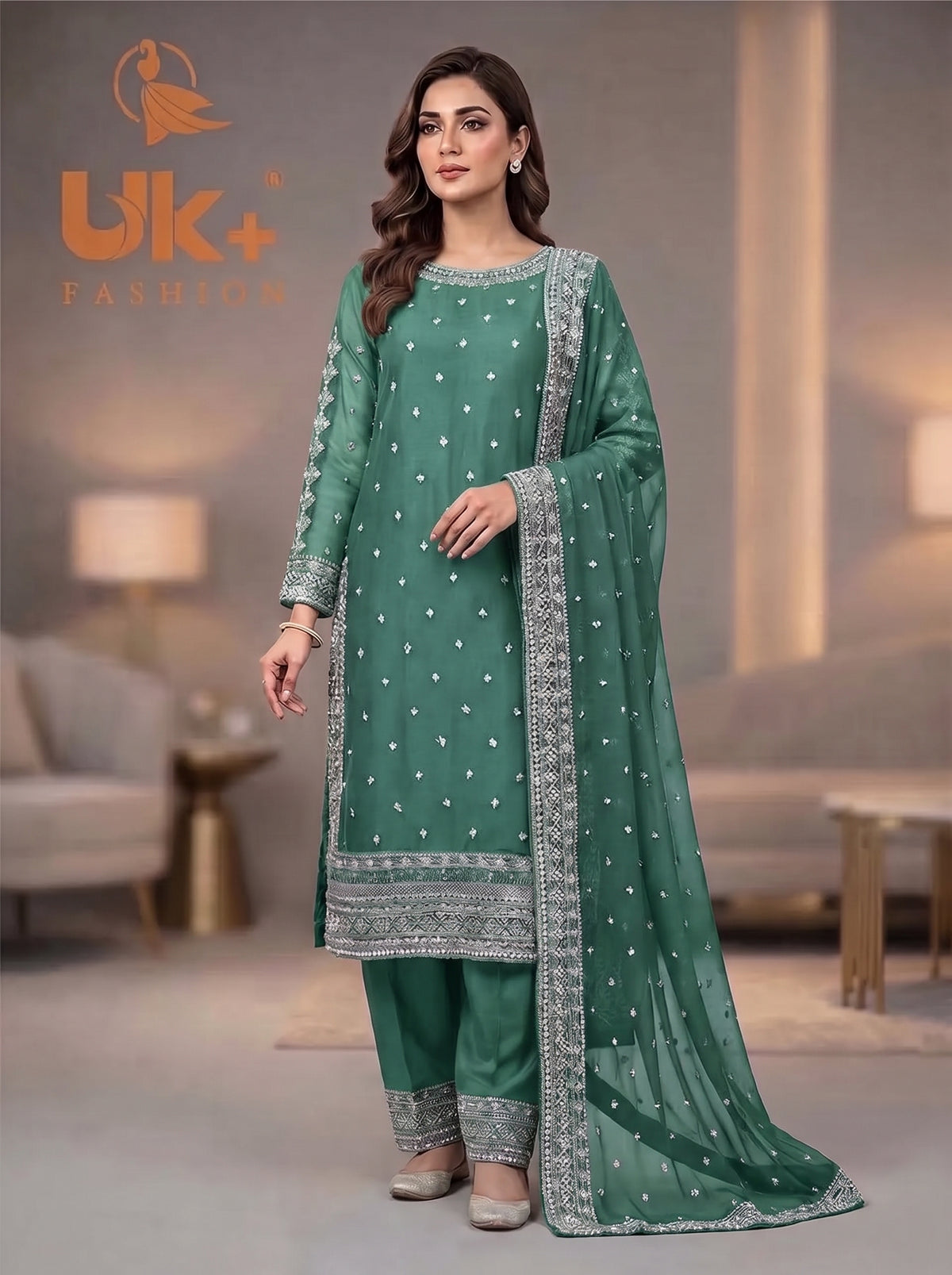 3Pc Embroided Chiffon Shirt, Trouser, Dupatta