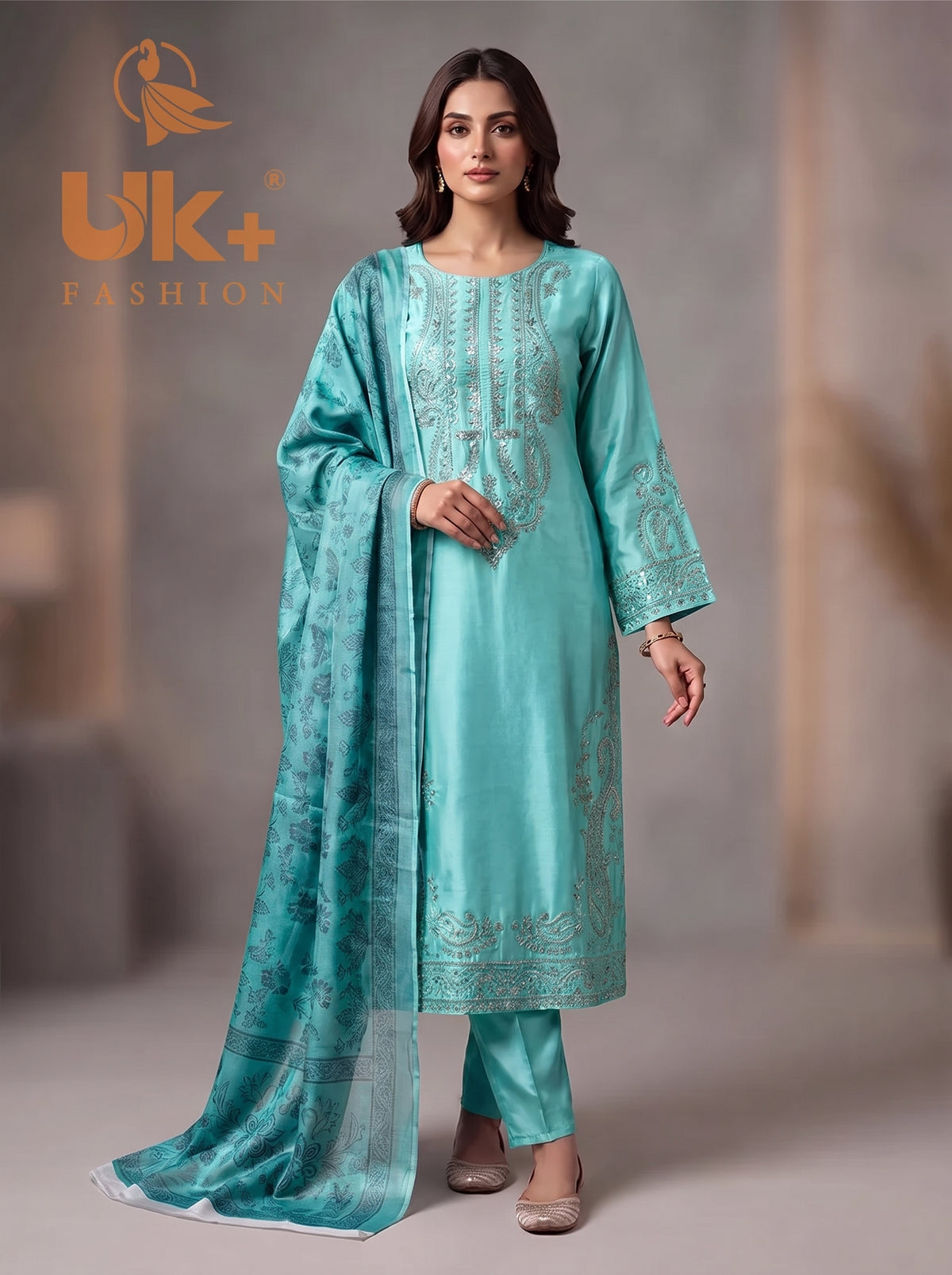 3Pc Embroided Shamoz Silk Long Shirt, Shalwar, Dupatta
