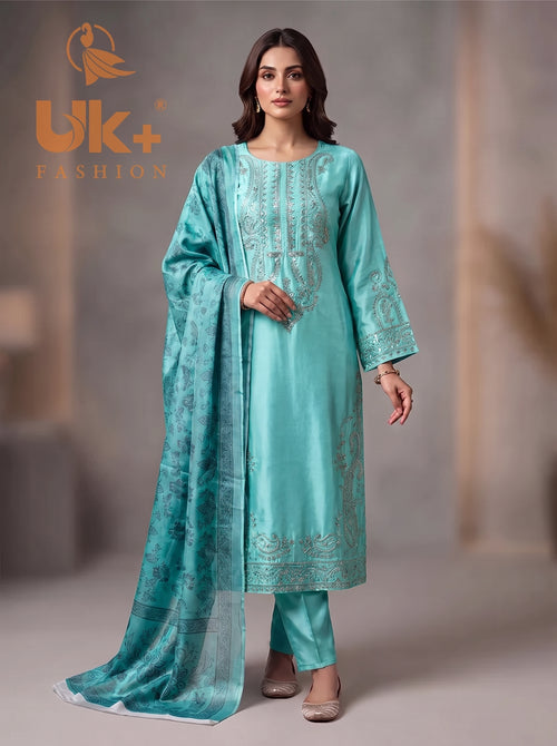 3Pc Embroided Shamoz Silk Long Shirt, Shalwar, Dupatta