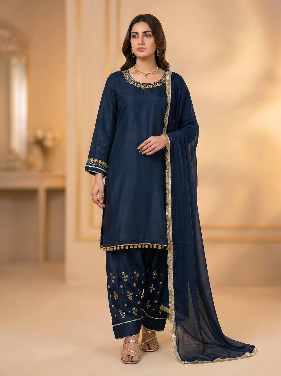 3pc Raw Silk Shirt, Farshi Shalwar,dupatta