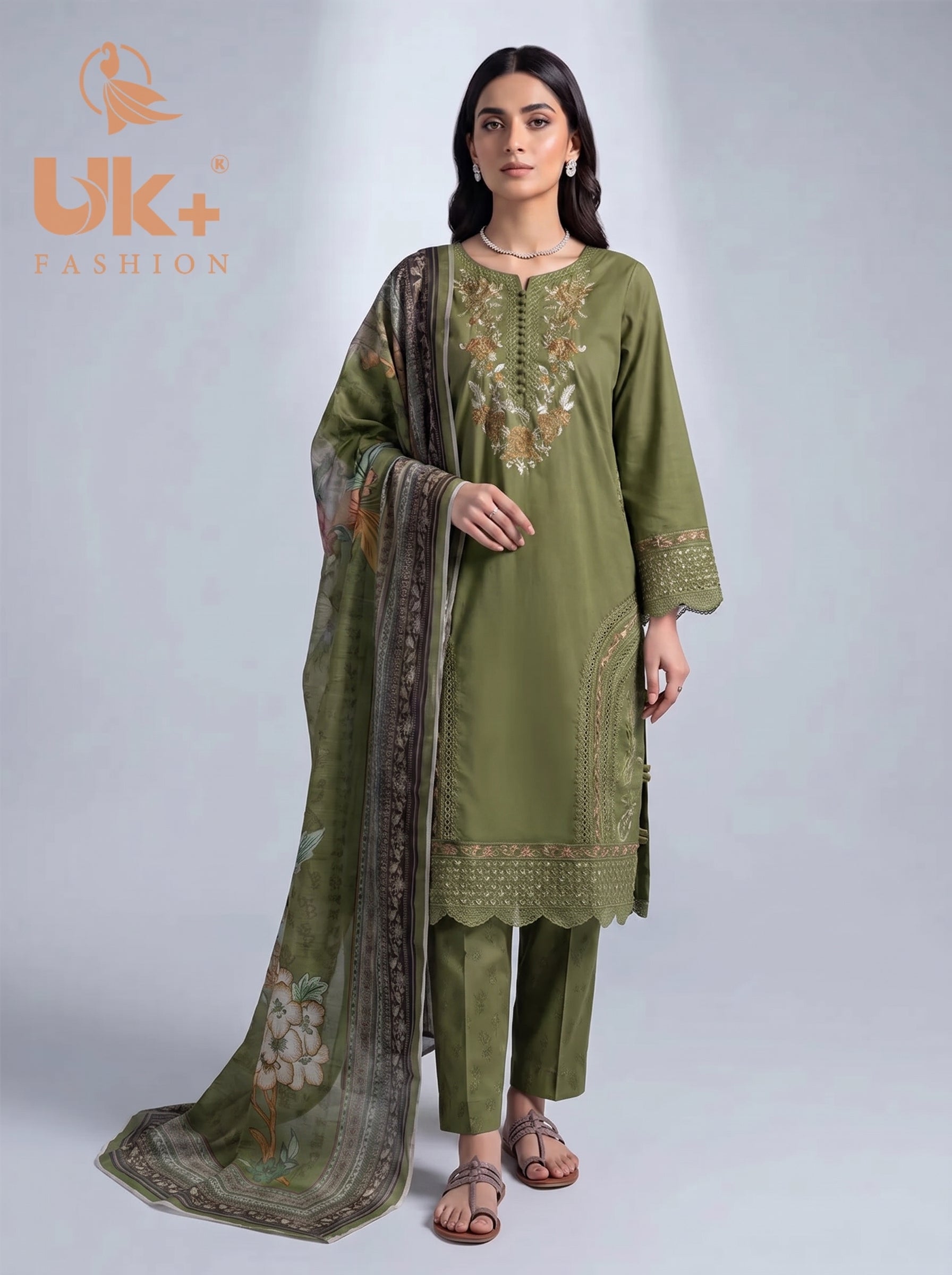 3Pc Embroidered Cotton Shirt, Trouser, Dupatta