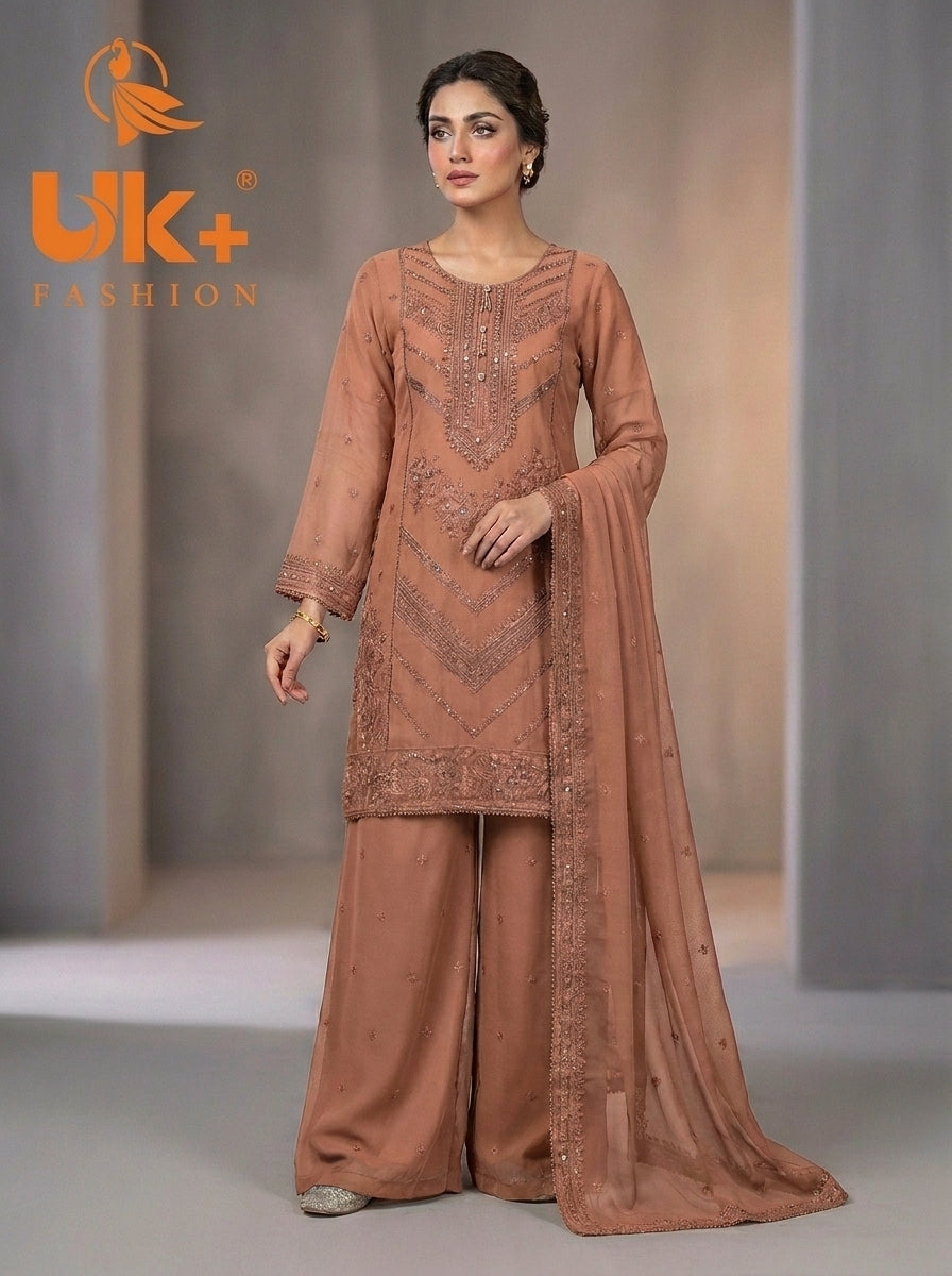 3Pc Embroided Chiffon Shirt, Plazo, Dupatta