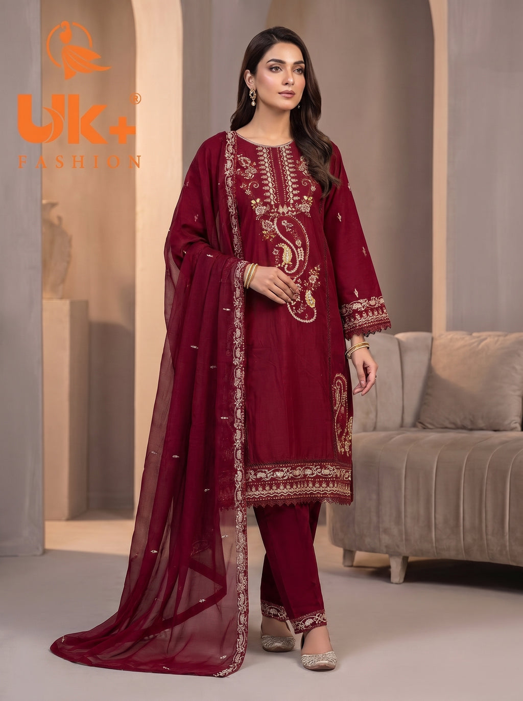 3Pc Embroidered Cotton Shirt, Trouser, Dupatta