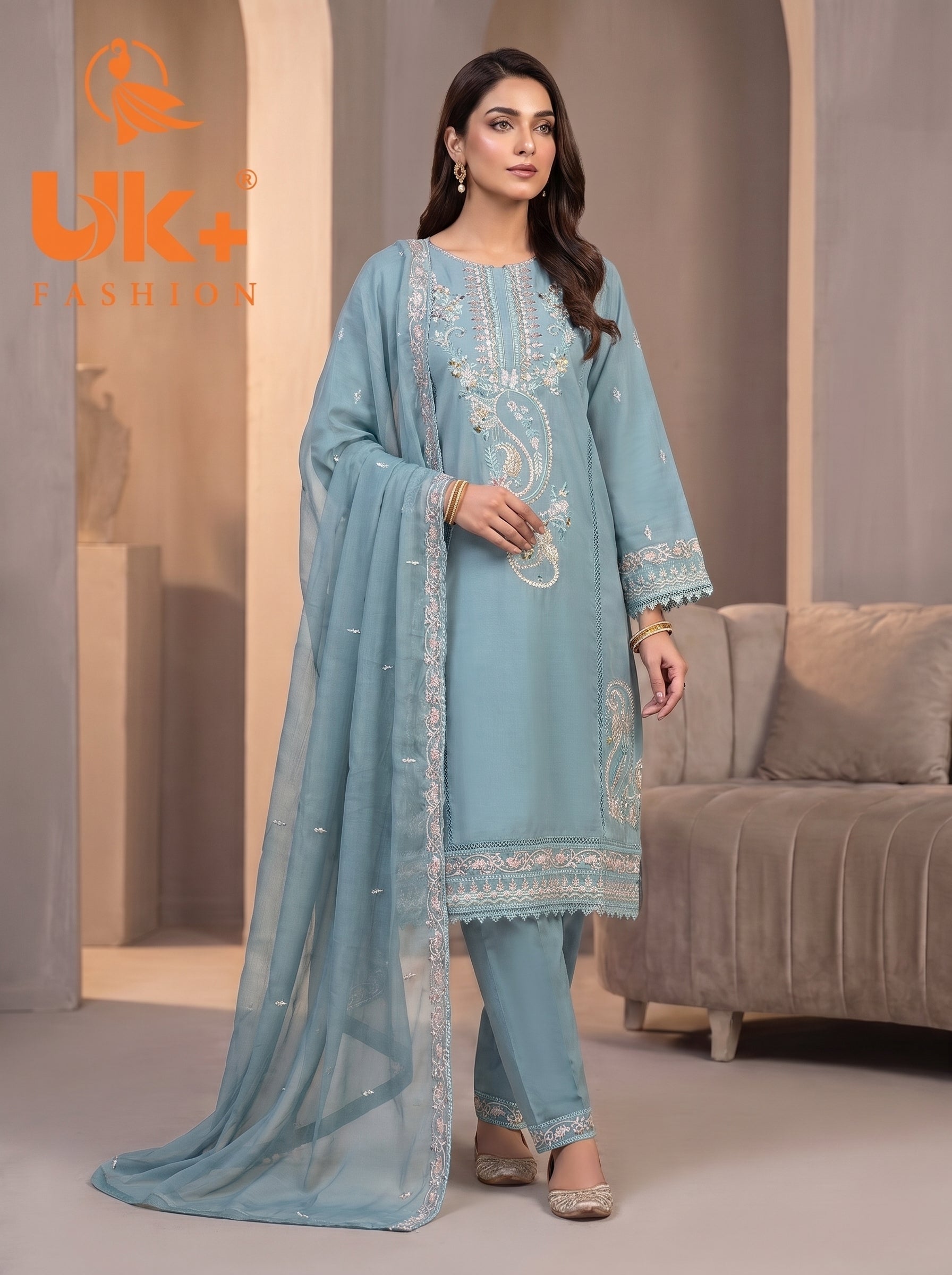 3Pc Embroidered Cotton Shirt, Trouser, Dupatta