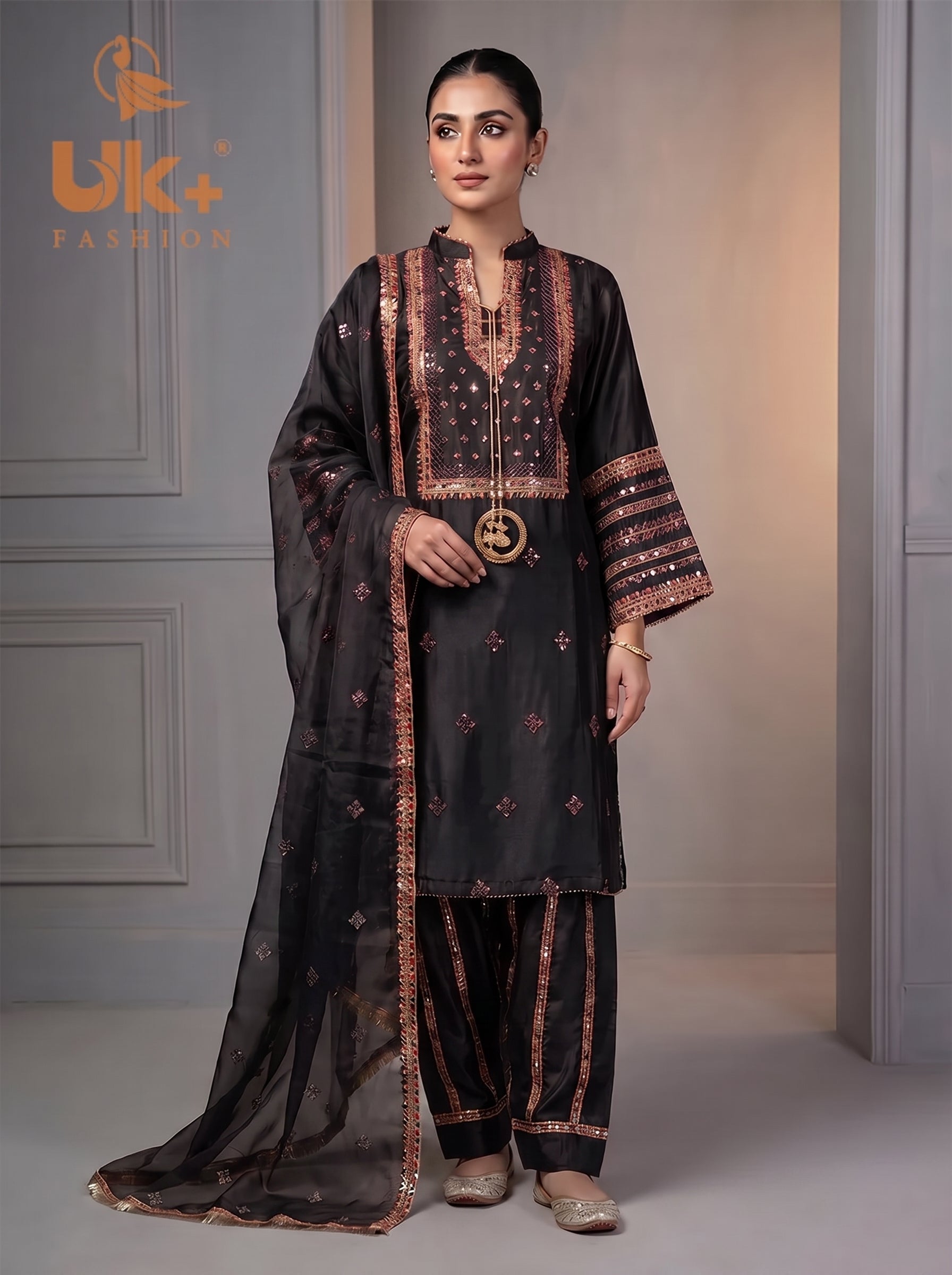 3Pc Embroided kataan Silk Shirt, Plazo, Dupatta