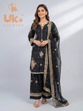 3Pc Embroidered Kattan Silk Shirt, Farshi Shalwar, Dupatta