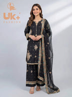 3Pc Embroidered Kattan Silk Shirt, Farshi Shalwar, Dupatta