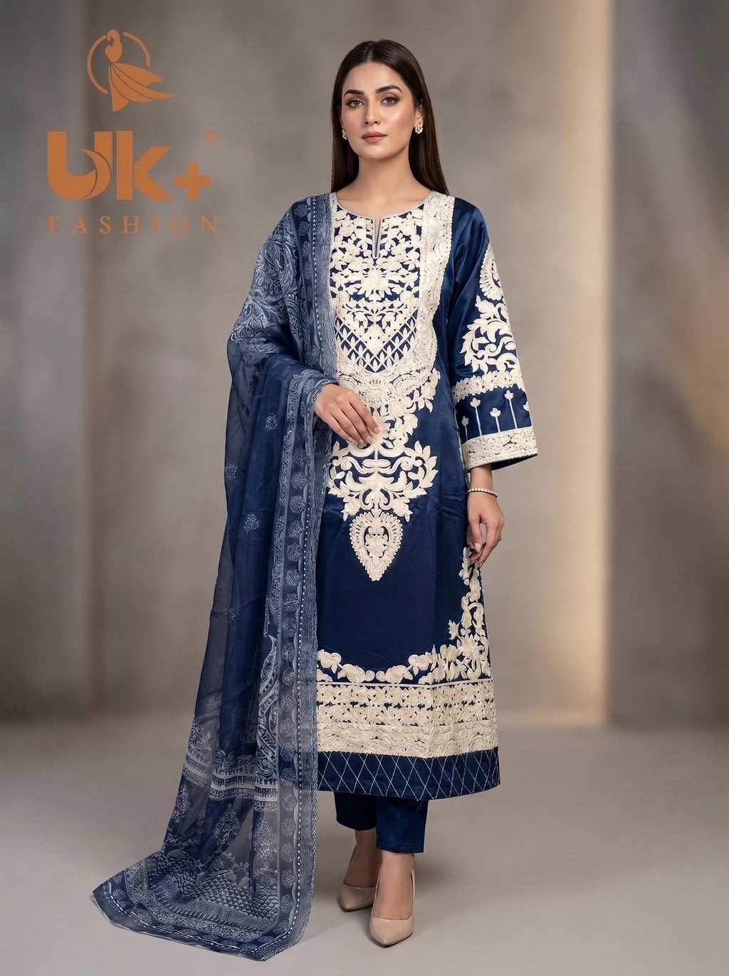 3Pc Embroidered Kattan Silk Long Shirt, Shalwar, Dupatta