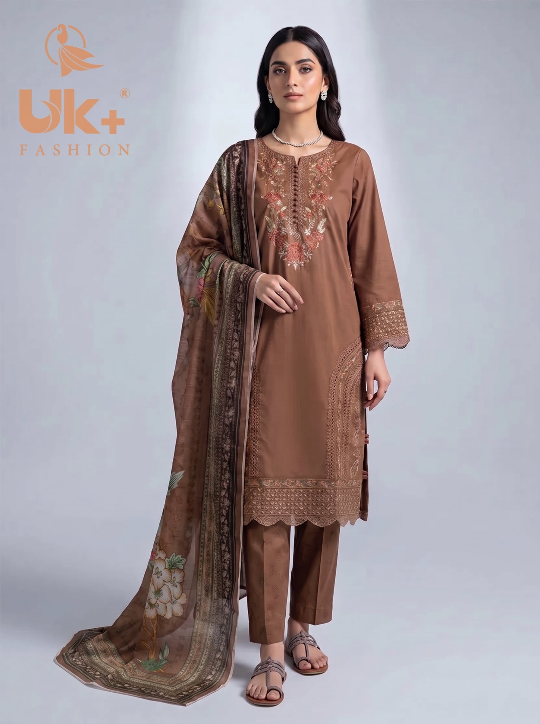 3Pc Embroidered Cotton Shirt, Trouser, Dupatta