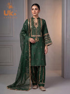 3Pc Embroided kataan Silk Shirt, Plazo, Dupatta