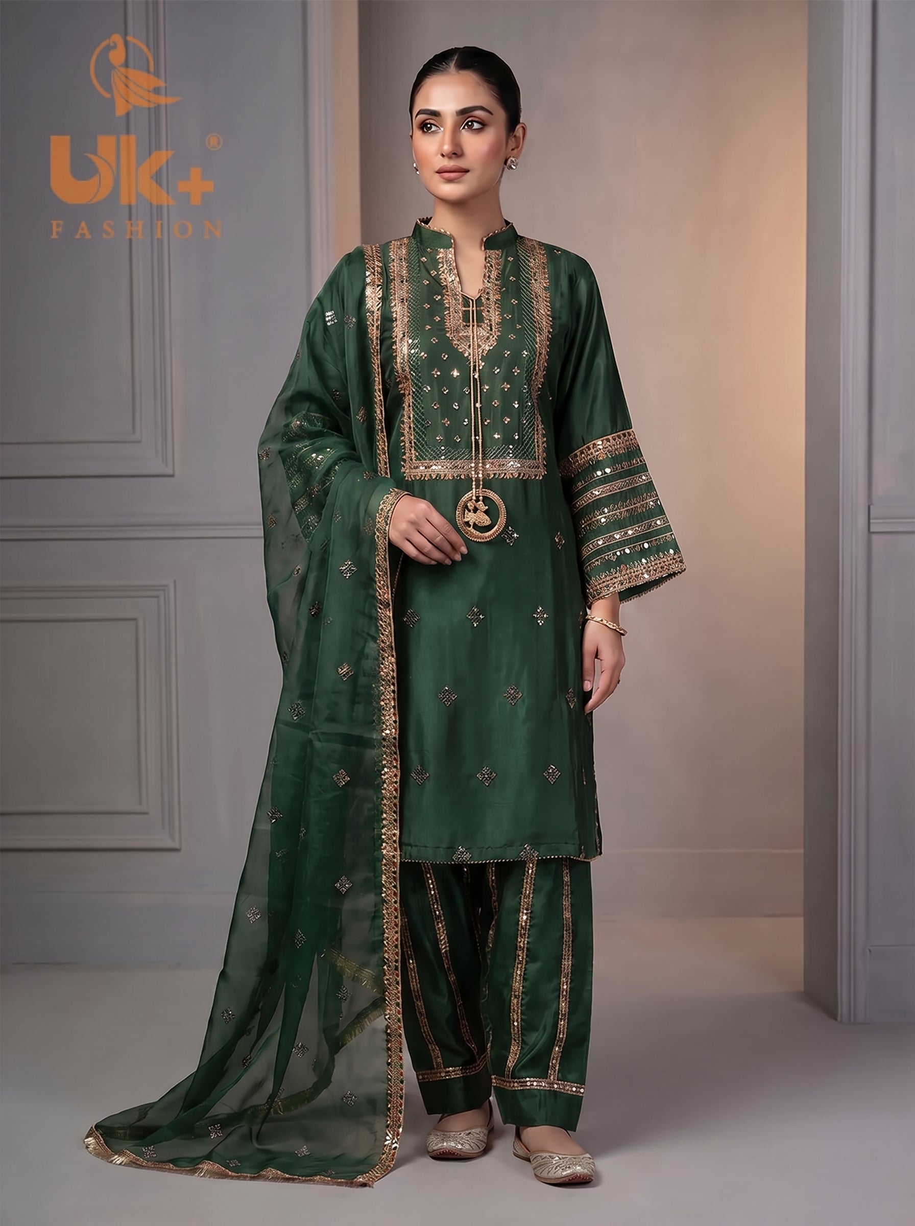 3Pc Embroided kataan Silk Shirt, Plazo, Dupatta