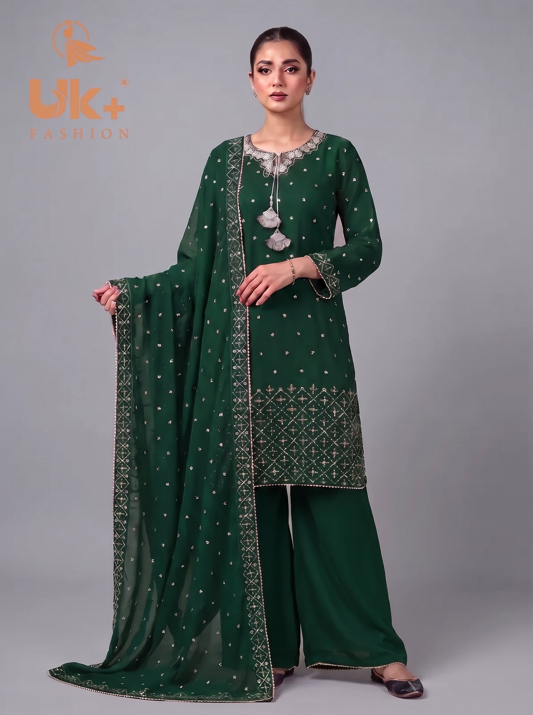 3Pc Embroided Chiffon Shirt, Plazo, Dupatta