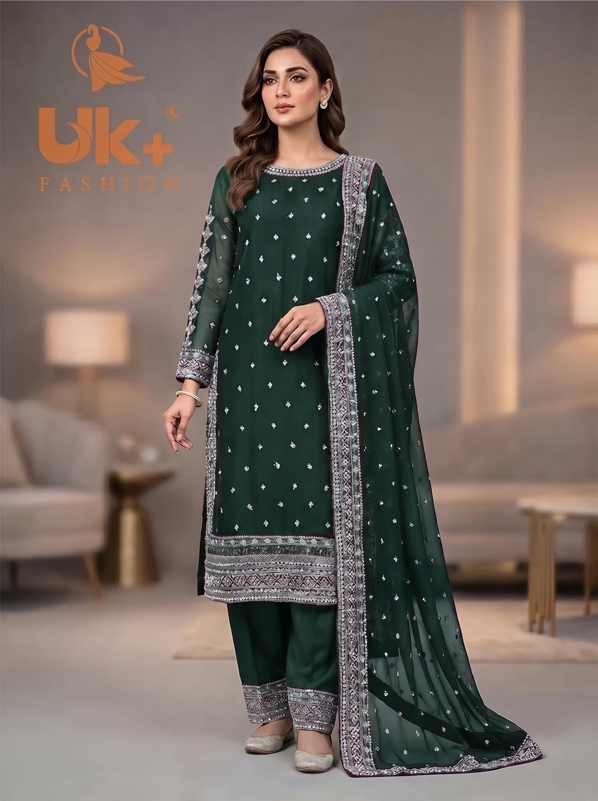3Pc Embroided Chiffon Shirt, Trouser, Dupatta