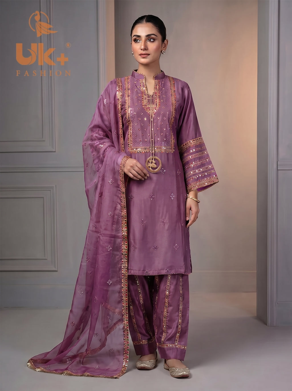 3Pc Embroided kataan Silk Shirt, Plazo, Dupatta