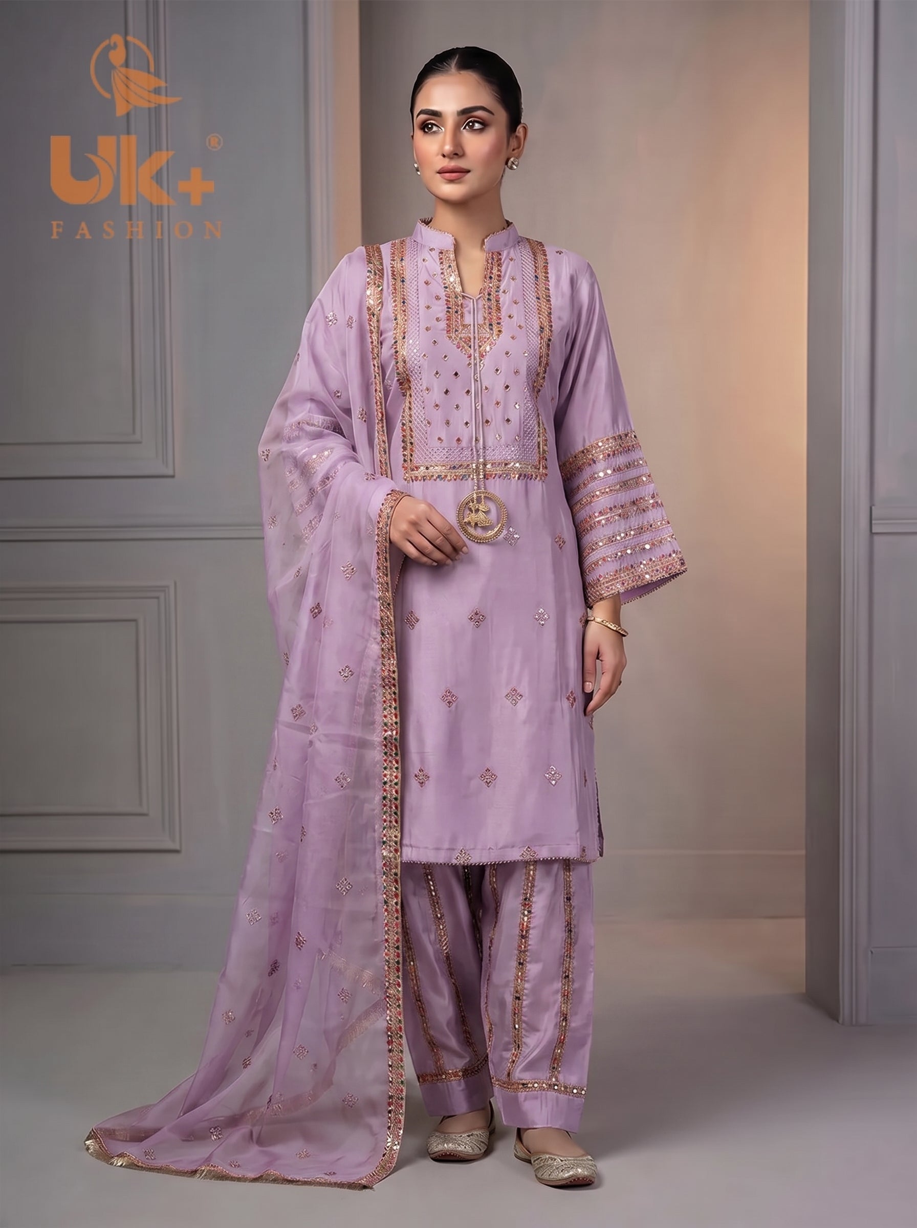 3Pc Embroided kataan Silk Shirt, Plazo, Dupatta